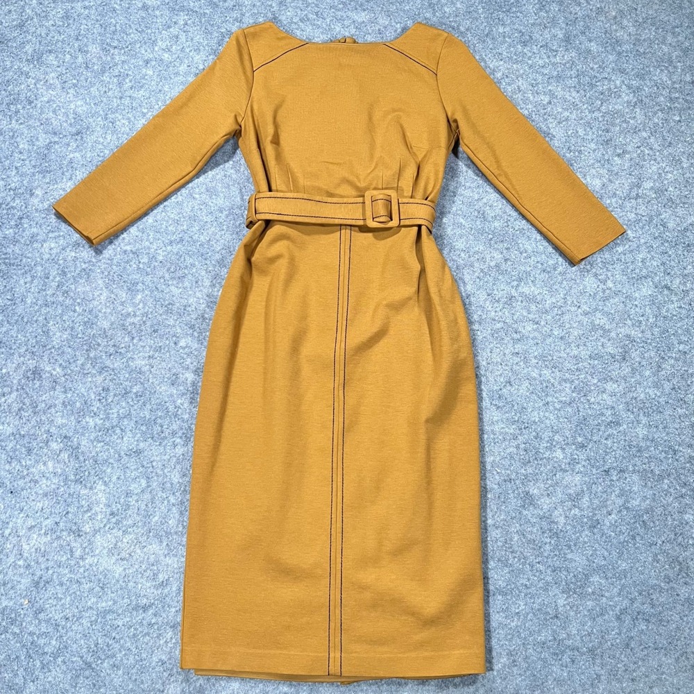 Boden Dress Womens 4 Yellow Belted Contrast Stitch 3/4 Sleeve Zip Midi Sheath